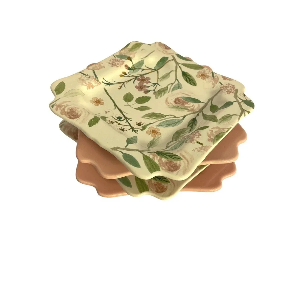 Sweet Laurel Dessert Plates 4 Square Scalloped Pink‎ & Floral Ceramic 6.5